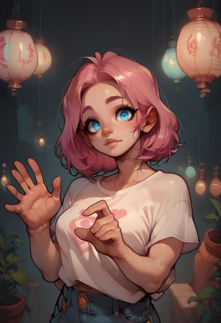 score_9, score_8_up, score_7_up, score_6_up, score_5_up, score_4_up,a beautiful woman with a pink hair in the arm chair, sfw, loose t-shirt, jeans, blue eyes, global lights and shadows, dynamic angles, dymanic poses, sharp image, sharp textures, pastel colors, cartoon, she looks at viewer with love, only bare her shoulders, good hands, curvy,