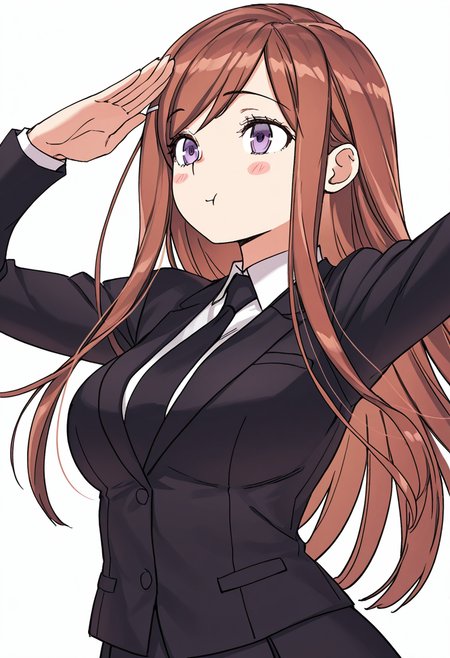 Smooth Quality,masterpiece,very intricate, high quality details, ultra realistic, high detailed skin,detailed enviorement,absurdres,
simple background, white background, dancing,skindentation, solo,front view,salute,
 <lora:Dasom_Lee_CNR:0.8> dasom_cnr,  1girl, brown hair, long hair, bangs, purple eyes,hairclip,dasom_uniform_cnr, school uniform,white shirt, collared shirt, black jacket, black skirt,pencil skirt,black necktie,, blush stickers,, :t,