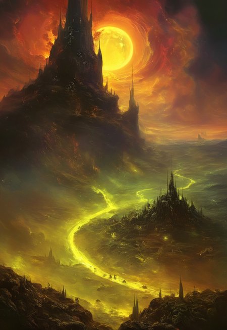 best quality, masterpiece, painting, concept art,  ((((High angle From avove, camera from above, Bird's-eye view, aerial shot view)))), In the heart of the absurdes,land of alien worms, ,organic,abomination,remains of fallen giants,giant  skeletons,overgrown,toxicity,mutation,dense fog,atmospheric haze,cloud, alien flora, liquid, ligaments, connections, biological, subsurface scattering,caustic,towering spires and intricate patterns,  light particles, rainy, twisted architecture intricate detail,supermassive black sun, surreal masterpiece of contrast, blending the energy of  fantasy  with the scifi aesthetic,mix of science fiction and fantasy,swirling,attraction,interaction,low gravity,scifi dark fantasy,vibrant colors,dramatic,tragic,melancholy,dark dream,cosmic horror,alienscape,otherworldy,weird,professional,perfection,visually stunning,mesmerizing,disturbing,mystical touch,highly detailed, intricate,painted in high resolution,close-up,  primary colors,acid bleeding deep colors, no gradients, illustration,ferrotype,grisaille,scenery, ((no humans)),
 composition explores the boundaries of reality, creating a visually arresting scene that defies conventional norms, Dive into the eerie and thought-provoking atmosphere as the surreal narrative unfolds in this captivating and unsettling artwork,epic scale
<lora:John Harris Style:0.8> John Harris Style page,Arik roper,Ben Templesmith,Tsutomu Nihei,Henry Fuseli,tomasz alen kopera ,