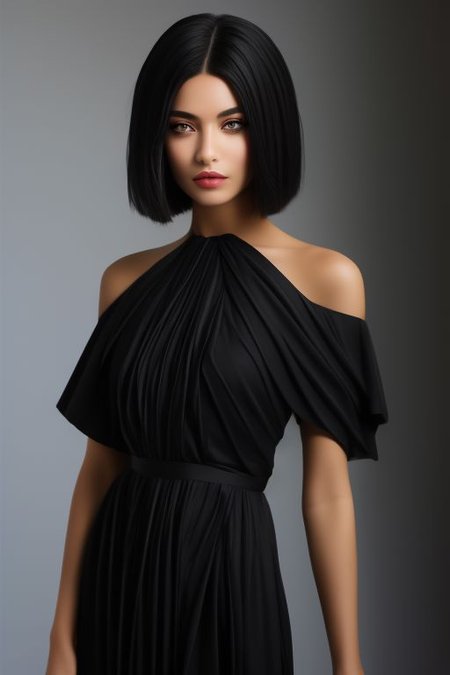masterpiece, best quality, ultra detailed, bellissima, 1girl, black dress Armani style, perfect eyes, very short hair, black hair, cowboy shot