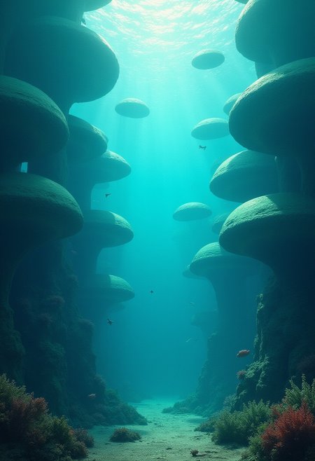 An underwater metropolis with bubble domes, inhabited by merfolk and sea creatures,