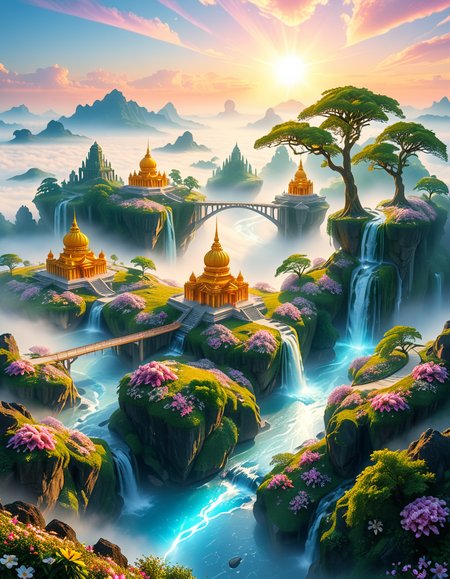 A mesmerizing celestial background featuring an otherworldly paradise. Towering crystalline mountains with peaks that glow softly under a sky painted in shifting hues of iridescent blues, pinks, and golds. Rivers of liquid light flow through vast, open meadows filled with luminescent flowers that pulse with a gentle glow. Gigantic, translucent trees with silver leaves sway in a breeze that carries floating particles of golden dust. Suspended bridges made of shimmering energy connect ancient, floating monoliths engraved with intricate celestial patterns. In the distance, an enormous radiant waterfall cascades into a bottomless, mist-covered abyss, reflecting the surrounding ethereal glow. A tranquil atmosphere, untouched and divine, filled with an overwhelming sense of wonder and serenity.
<lora:SDXLFaeTastic2400:0.4> <lora:extremely_detailed:0.4> extremely detailed, <lora:heavenly_l4ndsc4p3:1>,heavenly l4ndsc4p3, Masterpiece,best quality,hi res,8k,hi res,8k,award winning,(sharp focus, intricate, highly detailed),