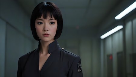 Motoko Kusanagi in Blade Runner 1982, neo noir, cyberpunk, cinema still medium shot 8k, wearing school uniform