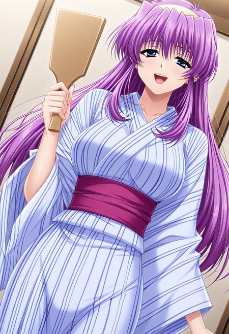 masterpiece, best quality, newest, highres, uncensored, 1girl, yokota mamoru style,motion lines,1girl,Mikado Shizuru,1girl, purple hair, long hair, Long hair, Sidehair, Spiky Bangs, Violet hair, Waist Length hair,Blue eyes, Hosome eyes,  large breasts,japanese clothes, kimono, hairband, open mouth, yukata, paddle, smile, dutch angle