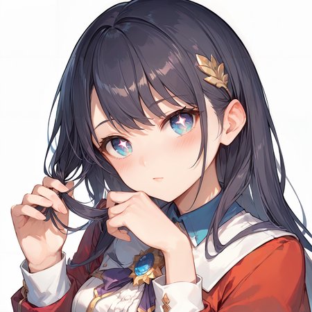 score_9, score_8_up, score_7_up,source_anime, high res image,masterpiece,best quality,(girl:1.0),cute face,clear skin,shiny hair,ultra detailed eyes,simple background,   <lora:playing with own hair_pony_V1.0:1> playing with own hair, blush