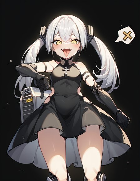 score_9, score_8_up, score_7_up, source_anime, <lora:girlsfrontline-destroyer-ponyxl-lora-nochekaiser:1>, destroyer, white hair, black hair, streaked hair, yellow eyes, cross bangs, multicolored hair,, android, bare shoulders, clothing cutout, dress, gloves, joints, mechanical legs, robot, robot joints, side cutout, twintails,, bus stop, waiting, commuter, smartphone, checking time, cold morning, smile, <lora:thumbs-down-ponyxl-lora-nochekaiser:1>, thumbs down, blush, from below, smug, tongue, tongue out, open mouth, black background, looking at viewer, solo,, dutch angle, cowboy shot
