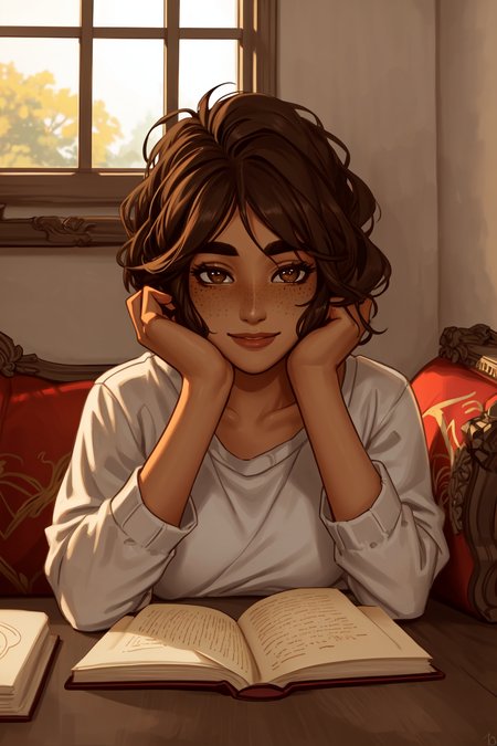 best quality, masterpiece, original, highres, illustration, best lighting and shadow, aesthetic wallpaper, amazing, beautiful, taliyah, 1girl, solo, dark skin, dark-skinned female, short hair, thick eyebrows, brown eyes, freckles, extremely detailed and beautiful face, happy, smile, book, reading, tea, window, sitting, comfortable, upper body,
<lora:tali-20:0.5>