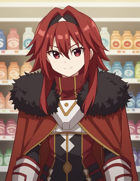 score_9, score_8_up, score_7_up, source_anime, <lora:bofuri-mii-s2-ponyxl-lora-nochekaiser:1>, mii, long hair, bangs, red eyes, hair between eyes, sidelocks, red hair, hairband, black hairband,, gloves, black gloves, cape, armor, fur trim, red cape,, music store, browsing records, headphones, vinyl collection, nostalgic, smile, looking at viewer, knee bent, hand on neck, foot pointed, solo,, cowboy shot, dutch angle