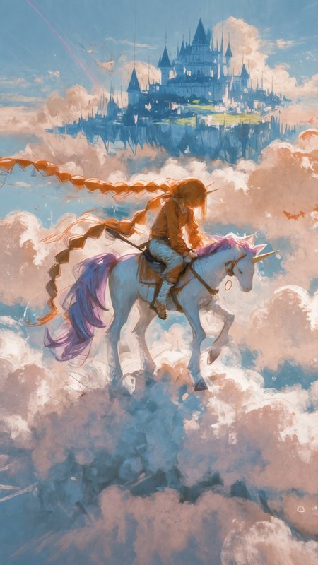 masterpiece, newest,absurdres,incredibly absurdres, best quality, amazing quality, very aesthetic, painterly, 
1girl, 1 unicorn, rainbow unicorn, horseback riding, above clouds, absurdly long hair, multi-tied hair, floating castle. (orange hue:0.8)
<lora:USNR_STYLE_ILL_V1_lokr3:1> usnr <lora:fuyumur4s4ki_style:1> fuyumur4s4ki_illu