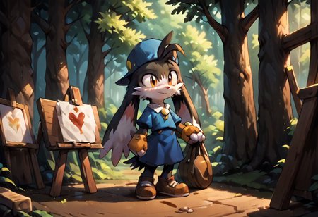 score_9, score_8_up, score_7_up, score_6_up, score_5_up, score_4_up, <lora:Klonoa_Character_PonyXL:0.8> ,  Klonoa, two long ears, fur, anthro, Klonoa, g5, rich colors, forest operations, forest, thicket, communal appearance , presents a painting of rabbits and pony, aroused, front view, detailed background, detailed, 8k quality, side view, beautiful, teasing, easel and brushes, leaned to the floor, freely actions, dress,