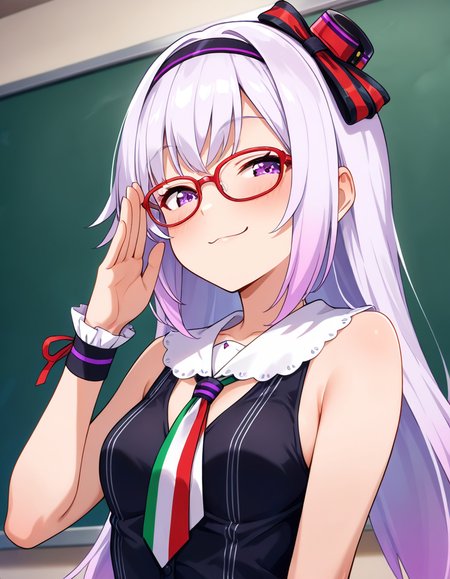 masterpiece, best quality, very aesthetic, absurdres,  carropino, 1girl, long hair, light purple hair, hairband, mini hat, light purple eyes, glasses,  multicolored necktie, sleeveless,  smug, adjusting eyewear, chalkboard, (upper body:1.5), <lora:ILcarropino:0.7>