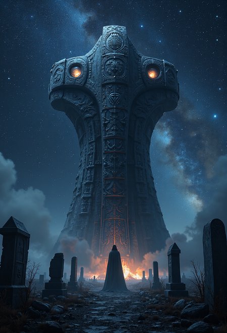 In the center of the scene, a tomb guardian crafted from an unknown metal stands before a massive extraterrestrial monument. Its figure is tall and resolute, with eyes that seem to pierce through time and space, gazing into the endless darkness beyond. Its surface is adorned with complex symbols and patterns, each seemingly carrying the secrets and tragedies passed down for thousands of years on this land.

Surrounding the tomb guardian are the forgotten extraterrestrial graves. The "tombstones" here are no longer stone or metal but variously shaped and worn objects by time's erosion. They might have once been symbols of civilization, now silently narrating the tales of demise and decline.

The night wind blows gently, bringing with it coldness and desolation, yet the tomb guardian stands firm as if waiting for something, or perhaps guarding some eternal entity. Its deep-set eyes seem to hold a power beyond time and space, prompting one to contemplate: Who does this tomb guardian exist for? Or maybe, it is just an isolated mournful being in the universe, silently witnessing the cycles of all things.

In the background, distant galaxies appear particularly tranquil under the cloak of night, forming a stark contrast with the figure of the tomb guardian. Such a scene inevitably leads to contemplation of the secrets hidden at the farthest reaches of the cosmos and those entities that transcend human understanding.
8k,uhd,hdr,best quality,hyper detail,ray tracing,cinematic feel,professional photography lighting.

midjourneyv6.1.