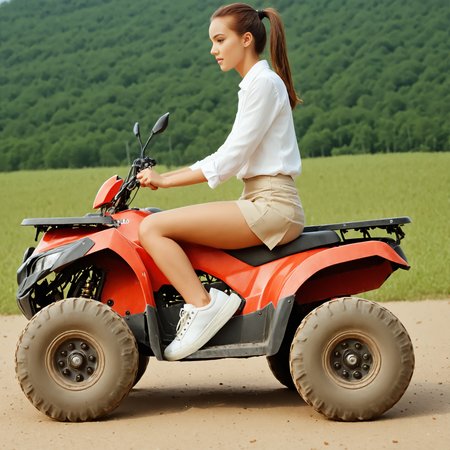 riqua, (side view) , (slim 25yo woman) riding a quad. the woman wears red short skirt and white blouse, sneakers and has short brunette ponytail  <lora:RideQuad:1>