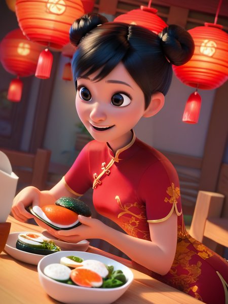 score_9, score_8_up, score_7_up, score_6_up, 1girl eating sushi, open mouth, food, restaurant, paper lantern, looking at food, black hair, hair buns, medium breast, black eyes, smile, red china dress, cute, cartoon, valley, wooden builds, cowboy shot, dynamic angle, from side,
 <lora:DisneyStudios_style:1> DisneyStyleXLP