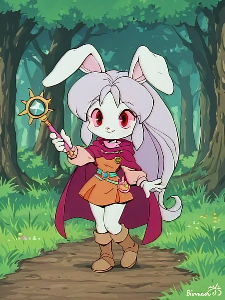 <lora:etoran.il:1>,
etoran,
kurimu
solo,
chibi, simple boots,
grass, forest,
 <lora:Bianca_the_bunny_PonyXL:1> bianca, furry female anthro, rabbit girl, orange dress,  boots, short dress, hooded cloak, wand, high quality, best quality,