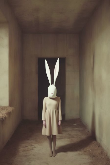 <lora:Christopher Ryan McKenney Style:1>Christopher Ryan McKenney Style - a mysterious bunny girl in a place of decaying minimalist architecture