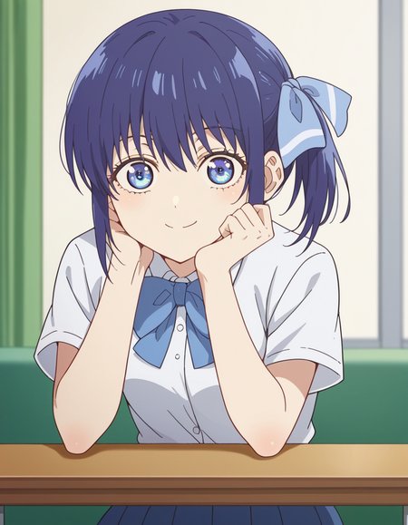 score_9, score_8_up, score_7_up, source_anime, <lora:nagisa-minase-s2-ponyxl-lora-nochekaiser:1>, nagisa minase, bangs, blue eyes, blue hair, hair ribbon, side ponytail,, skirt, shirt, bow, school uniform, white shirt, short sleeves, pleated skirt, bowtie, blue skirt,, indoors, smile, looking at viewer, solo, sitting, head rest, table,, cowboy shot, dutch angle