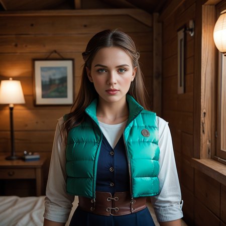 score_9, score_8_up, score_7_up,  professional 40 year old irish short women wearing (green and blue  cropped_puffer_vest_neon jacket),French braid  unique hair style, sexy, fully dressed, (corset)  dramatic lighting, blushing, , after a long day of work,  at night, dark,cabin scene
 <lora:pony_cropped_puffer_jacket:0.6>