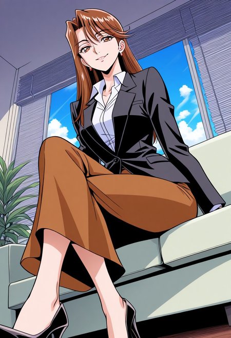 masterpiece, best quality, newest, highres, uncensored, 1girl, yokota mamoru style,1girl, slender face，motion lines,Sendou Chika,brown hair,long hair,slim,amber eyes,slim
1girl,earrings, black jacket, formal, suit, collared shirt, white shirt, brown skirt, looking at viewer, sitting, crossed legs, black high heels, seductive smile, from below, BREAK blue sky, sunlight, indoors, window, window blinds, couch,