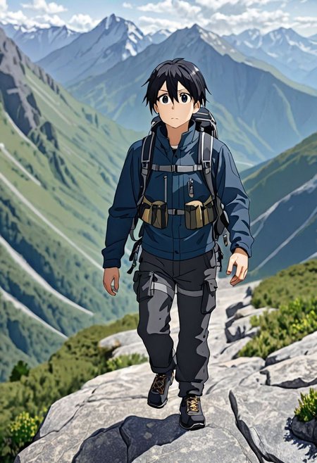 high resolution, professional photography, best quality, 1Boy, Kirigaya Kazuto, Black Hair, Black Eyes, overalldetail, hiking gear, mountains, hiking, stepping, amazed