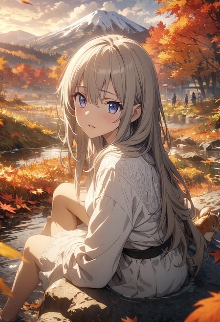 gorgeous lips, cinematic, (masterpiece), (best quality), (ultra-detailed), very aesthetic, illustration, perfect composition, intricate details, absurdres, detailed face, (anime, masterpiece, intricate:1.3), (best quality, hires textures, high detail:1.2), (4k),(incredibly detailed:1.4)
Footbath, beautiful girl, foot of a mountain, sitting on a rock, autumn leaf-colored hair, long hair, evening, autumn, mountain far from the city center, countryside, squirrel on shoulder, cloudy white footbath, perfect quality, cute, people who look at it Looking back, beautiful scenery, high resolution, white blouse,背景　ジブリ, 背景, ジブリ,<lora:more_details:0.5>