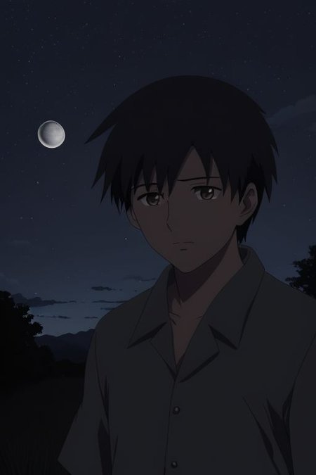 high resolution, solo, best quality, 1Boy, Takaki Toono, Brownish Hair, Brown Eyes, open space, night sky, moon, OverallDetail