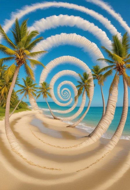A beach with palm trees, (Spiral Effect)