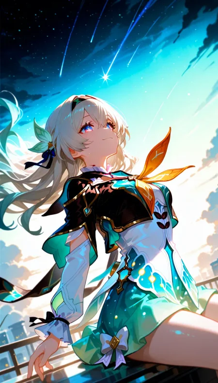 (masterpiece, best quality), amazing quality, very aesthetic, absurdres, highres, newest, HDR, 8K, high detail RAW color art, intricate details, high contrast, detailed background, large pupil, eyelashes, shiny skin,
1girl, firefly (honkai: star rail), black hairband, shooting star, floating hair, frilled sleeves, cloud, black jacket, frills, hair ornament, hairband, orange neckerchief, cropped jacket, flay away, (falling:1.3), dark night, star \(sky\), closed mouth, dynamic pose, relaxing, smile, dynamic angle, posing, depth of field, <lora:748cmSDXL:0.5>, <lora:薄塗り:0.25>, <lora:ponyv5_noobV065S_1:0.8>, <lora:spo_sdxl_10ep_4k:0.6>, <lora:GBF_Illustrious:0.4>