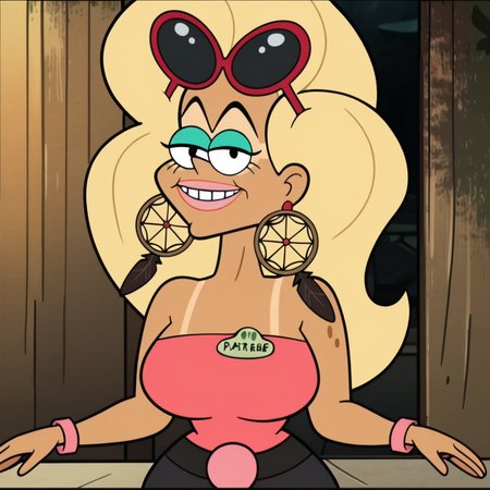 score_9, score_8_up, score_7_up, score_6_up, score_5_up, score_4_up, 1girl, blonde hair, long hair, tan, tanlines, eyewear on head, makeup, jewelry, large breasts, narrow waist, wide hips, looking at viewer, highres, high quality, masterpiece,  <lora:Darleen_Gravity_Falls:1>