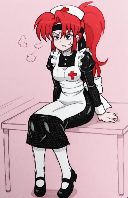1girl, solo, latex, servant outfit, long sleeve blouse, apron dress, white pantyhose, mary janes, headband, sitting, tense posture, glaring expression, tightened features, raw anger, nurse redheart \(mlp\),
 <lora:SnidelyOne:1> snidley, traditional media, sketch, hatching \(texture\), colored pencil \(medium\), , extremely detailed, highres, masterpiece, best quality
