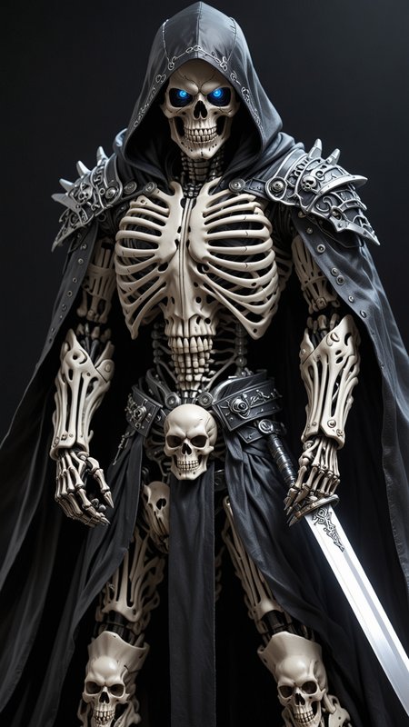 (masterpiece:1.2), best quality, high resolution, perfect lighting, extremely detailed, (Terminator assasin), battle scared white and black carbon armor, Wearing a dark cloak with hood, skull face just visable under hood, full_armor, humanoid, Metal Human skull head, (extreme detailed micro mechcanical scary Metal human skull design). Samurai sword shinning silver, Runes decorative embossments over his cloak, slim muscular body fast agile and stealthy,  <lora:Hired_Cyborg_Assasin_XL_-_By_DICE:0.7>