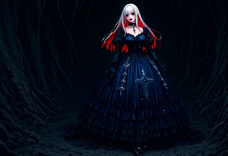 score_9,score_8_up,score_7_up, 1girl, solo, (American Flag, USA theme), 3/4 view, twilight glow, anxious look, (goth, black lipstick, silver jewelry, silver piercings, black mascara, black eyeshadow), (plus-size), (<lora:Underdye_hairstyle__Peekaboo_Hairstyle:1> underdye_hairstyle, two-tone hair,  White outer hair, Blue and Red inner hair),choker, (bloodless white oiled skin), saggy breasts, covered crotch, (saluting), (<lora:goth_clothes:1>, goth dress, gothic jewelry, red white and blue dress, detailed dress, black high heeled shoes),dire hush mania magical crystal cave USA background,  <lora:Retro_Glitch:1>