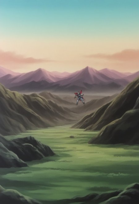 score_8, score_8_up, score_7_up, AWGXS, anime screenshot, retro artstyle,1990s (style), cel animation BREAK  no humans, mobile suit, robot, mecha, v-fin, GX-9900, standing, pointing at viewer, outdoors, mountain, scenery, landscape,