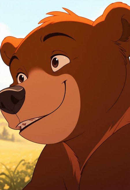 masterpiece, best quality, amazing quality, koda, solo, 1boy, bear, dark brown fur, orange neck fur, orange muzzle, bara, close-up, smile