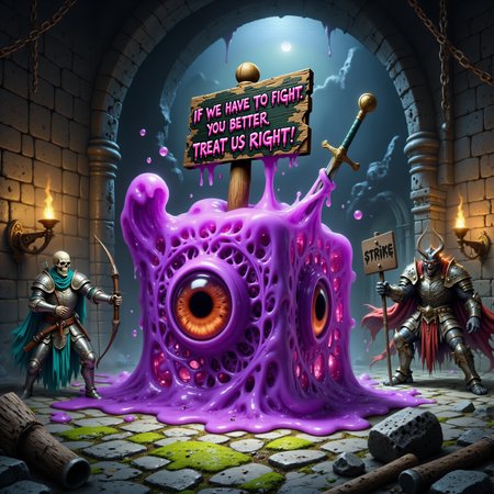 famous artwork, sfumato, epic composition following the rule of thirds, low angle view from below, extremely detailed award-winning masterwork fantasy-style oil painting, an atmospheric scene featuring a purple gelatinous cube on strike inside a dark, damp dungeon, the cube has a gooey appendage holding a strike sign with the words "If we have to fight, you better treat us right!" in dripping green, uneven lettering, surrounding the cube are other monsters - an angry kobold with crossed arms, a skeletal archer holding a picket sign with a broken arrow through it, and a snarling, horned demon, the dungeon is lit by flickering torches, casting long, dramatic shadows over the ancient stone walls and crumbling structures, rusty chains hang from the ceiling, and eerie green mist swirls at the floor level, the cube has engulfed adventurersâ gear, including swords, helmets, and shields, while the other monsters stand in solidarity with determined expressions, the overall scene feels tense yet oddly humorous as these fearsome creatures unite in protest, the dungeonâs grim atmosphere contrasts with the absurdity of the strike, highly detailed background, hud_dr1ppy, <lora:gelatinous_cube-flux-by_oneviolentgentleman:0.96> <lora:dripping_font-flux-by_headupdef:1.0>
