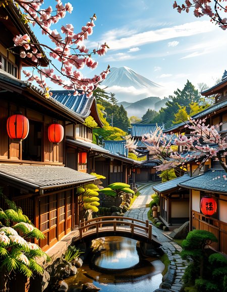 A picturesque traditional Japanese village nestled in a serene valley, surrounded by lush green mountains under a soft morning mist. The village consists of wooden houses with thatched roofs (gassho-zukuri style), showcasing intricate wooden details and sliding paper doors. A narrow stone-paved path winds through the village, leading to a small red torii gate at the entrance of a Shinto shrine. Cherry blossoms in full bloom line the streets, their pink petals gently falling in the breeze. A tranquil river flows through the village, crossed by an old wooden bridge with moss-covered stones. Villagers in traditional kimonos and straw hats go about their daily livesâan elderly man sweeping his porch, a woman carrying a basket of fresh produce, and children playing near a koi pond. The atmosphere is peaceful and nostalgic, with warm sunlight filtering through the trees, casting dappled shadows on the ground. The scene is rich in traditional Japanese aesthetics, evoking a sense of harmony and timeless beauty.
<lora:SDXLFaeTastic2400:0.4> <lora:extremely_detailed:0.4> extremely detailed,<lora:traditional_Japanese_v1ll4g3:1>,traditional Japanese v1ll4g3, Masterpiece,best quality,hi res,8k,hi res,8k,award winning,(sharp focus, intricate, highly detailed),