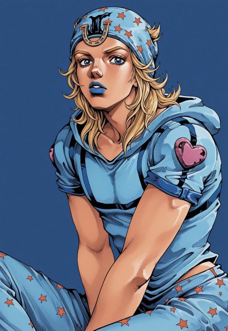 ARAKIH, hirohiko araki, painted, retro, hand-drawn, best quality, dark colors, blue coloring, heavy shadows, detailed background, 8k, 1boy, man, solo, Johnny Joestar, blonde hair, long hair, blue eyes, beanie, light blue hat, stars on hat, blue lipstick, light blue shirt, blue armbands, light blue pants, stars on pants, half body, face focus, turning to viewer, looking at viewer, sitting, dynamic pose, simple background, blue background