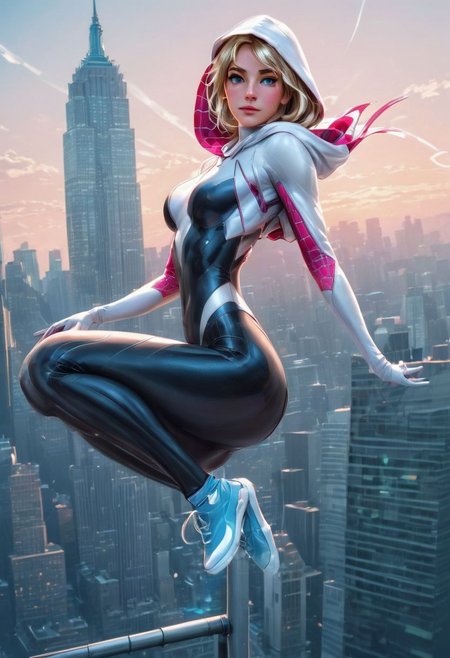Belle, Gwen Stacy, Spidergwen, powered futuristic outfit, white and pink outfit, spider gwen costume,  white hood on shoulders, webslinger pose, gwen is enjoying webswing, style of stanley artgerm, artgerm style, blue sky as  background, Newyork city as background