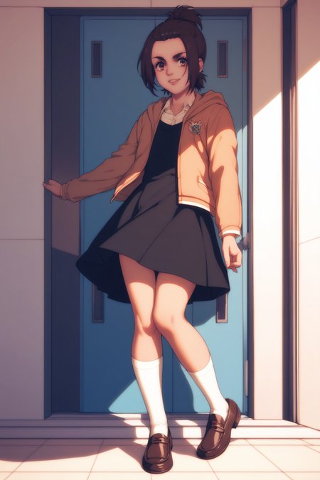 score_9, score_8_up, score_7_up, BREAK source_anime, <lora:gabi braun-PonyXL-lora-Faxtron:0.8> gabi braun, brown eyes, brown hair, single hair bun, black dress, jacket, loafers,