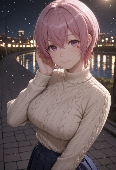 masterpiece,best quality,absurdres,highres,very aesthetic,high quality,detailed,insanely detailed,beautiful,perfect lighting, ,depth of field,blurry background,bokeh, looking at viewer, 
,  <lora:Sakuragi Naruha Illu :1> 1girl, short hair, pink hair, purple eyes,
aran sweater, beige shirt, short over long sleeves, blue long skirt, pleated skirt, outdoors, snowing, night, park, stream, city lights, looking at viewer, smile