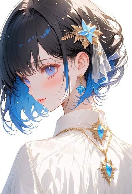 1girl, solo, ((Shion Tachibana, Perfect Face, Short hair, Black hair, Multicolored Blue hair, Expressive eyes, Blue crystal eyes)), expressive face, blushing, closed mouth, perfect body, perfect breast, tall, white skin, wedding dress, gold ornament, hair ornament, church, blue sky, cinematic lighting , cinematic angle, soft light , color detail, backlighting, Depth of field, long exposure, light steps,  intricate colors, vibrant colors, negative_hand, easynegative, verybadimagenegative_v1.3,