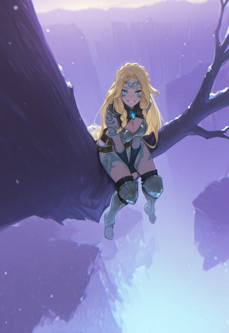 masterpiece, best quality, amazing quality, very aesthetic, absurdres, newest, 0__11Xx_illu, afkJourneyStyle, 
BREAK, 
1girl, solo, barbarian, athletic, blonde hair, blue tattoos, tribal tattoos, midriff, fur armor, large breasts, fur belt, multiple belts, grin, looking up at viewer, (sitting in tree:1.3), sitting on branch, dangling legs, face focus, hands between legs, high up, from above, extremely high angle, very long hair, braids, crown braid, heavy armor, metal armor, engraved armor, bright blue eyes,  
BREAK, outdoors, winter, snow, fantasy background, vibrant surreal, background mountains, background, detailed background, dramatic lighting, depth of field, volumetric lighting, deep contrast, high contrast black, dramatic composition, 