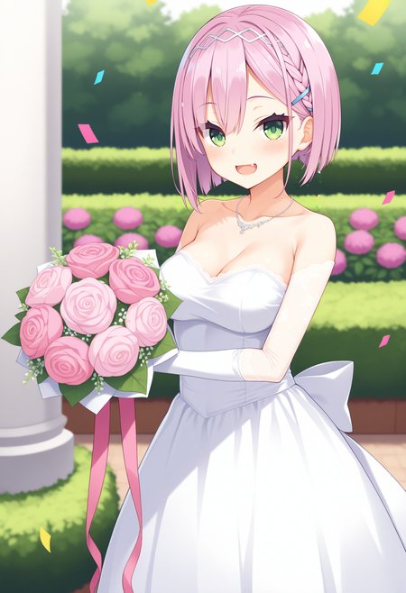 1girl, aaamane, pink hair, short hair, braid, hairband, hair ornament, hairclip, green eyes, fang, breasts, <lora:tanikaze_amane_ilxl_v1:0.9>, garden, wedding dress, necklace, smile, open mouth, bouquet, confetti, cowboy shot, standing, 
masterpiece, best quality, amazing quality,