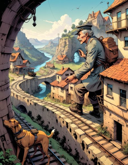 a realistic photo of huge railroad conductor coming into contact with Dog, villages across sightly landscape of holes and linked features in meshes, matte, <lora:IPXL_v2:1> inkpunk, <lora:Isometric Cutaway:1.2> Isometric Cutaway page,  <lora:Astigmatism_0.5b:0.33>