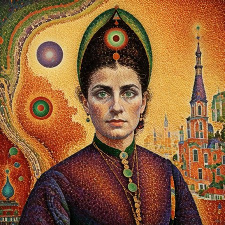 Portrait of Dutch woman, Dutch, klederdracht, traditional Dutch clothing, very beautiful eyes, green halo, schizoanalytic cartography, Sogdian rug, style of Signac, red moon, big almond shaped eyes, pupils, cyclic, cyclical, cosmic map, shapeshifting, green halo, black clothes, palladium, radar, mesmerizing, transitional, oil painting, sharp contrast, darkness, ocean blue, purple marbles, very vivid, lucid, lucidity, extremely pointillistic, radar, cascading streams of gold, stream of water in the middle, depth, extremely detailed, intricate, reflection, extremely colorful, perfect, perfection, pointillism, extremely pointillistic, AH_Signac
