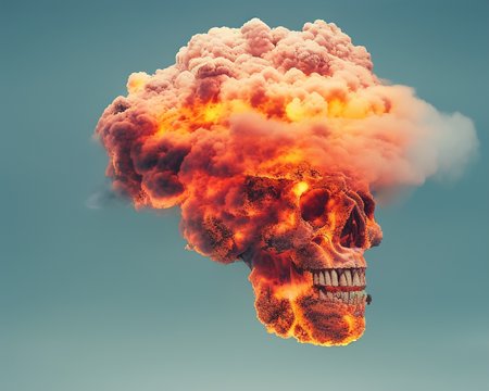 HyperNuke, (((((skull)) shaped cloud))),  volumetric lighting, aerial shot,dblx, vorticity and turbulence, orange glow, explosion, tsar bomba, clouds, desert, vibrant, hasselblad, extremely detailed, actionhelper