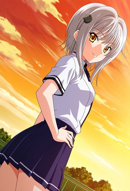 general,highres, ultra-detailed,very aesthetic,best quality ,best hands,best eyes,easynegative,
dynamic anglre, dutch angle, anime cloring,anime screencap,
1girl solo,looking at viewer,school,outdoors,smile,hand on hip,
Koneko Toujou,grey hair,short hair,yellow eyes,small breasts,short body,hair ornament,shirt,skirt,