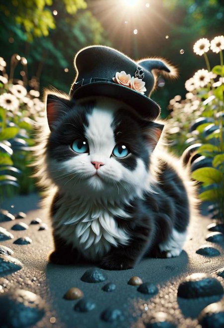 ral-fluff,<lora:ral-fluff:1>,
chibi,masterpiece,best quality,original,official art,black metallic cat,hat,flower,blurred background,rendering,beautiful detailed glow,(detailed ice),beautiful detailed water,sun