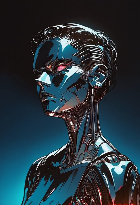 score_9, score_8_up, score_7_up, score_6_up, Side profile, woman, chrome skinned, polished finish, cyborg, android, cybernetic, by Hajime Sorayama, serious expression, toothbrush mustache, neon-lit background, reflective chrome highlights, futuristic dystopian setting, vibrant blue and red lighting, soft shadow along jawline,
<lora:Chromecore_style:0.8>, ((Chromecore,,, simple background, dark and blue background, vibrant colors, colorful, metal skin, expressionless, serious, chromecore, bright, dark vibes, dark fantas, armor, monochrome, colored skin, gradient, th3rm4l, colorful, thermal, NLSTN, glowing, dark, sinozick style, flat color, dark theme))