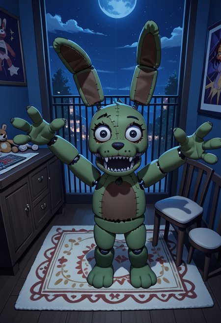 score_9, score_8_up, score_7_up, solo male, (high-angle view:1.1), pov, PlushtrapFNAF, rabbit ears, scut tail, teeth, wear and tear, green fur, petite, barefoot, 4 fingers, perfect hands, (large head:1.1), shortstack, small body, sharp teeth, fuzzy, plush body, seam \(sewing\), stitch \(sewing\), animatronic, glowing eyes, crooked whiskers, ragged, withered, 
masterpiece, detailed face, looking at viewer, smile, open mouth, nervous, knock-kneed, cocked head, zPDXL3, dark house, inside, nighttime, night, raised arms, hands up, reaching towards viewer, bedroom, carpet, chair, standing, living plushie, detailed background, dutch angle, spooky, perspective, side view